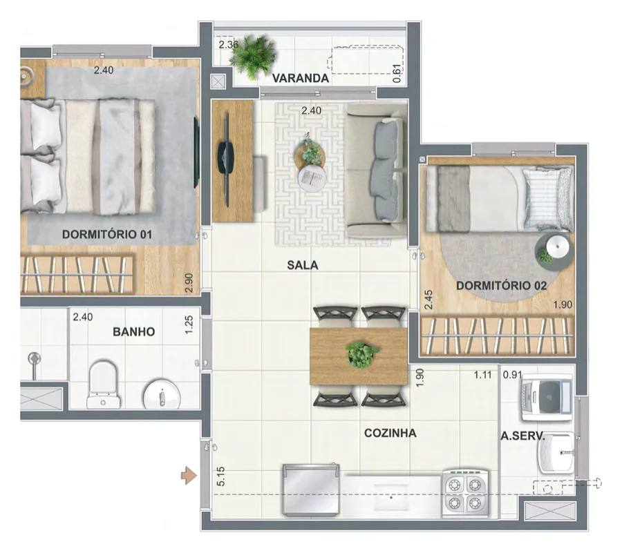 Planta baixa do apartamento de 2 quartos com varanda de 37,55 m² do Luzes do Rio Condomínio Candeeiro